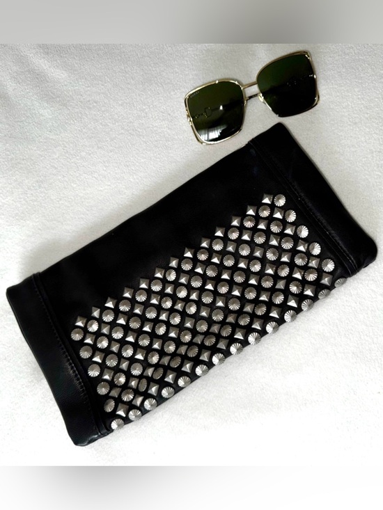 Ash Handbags - ASH Black Leather Studded Foldover Zip-Top Clutch EUC GORGEOUS!